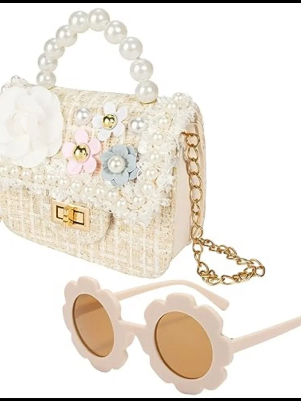 Toddler Girls Crossbody Purse PU Leather Pearl Flower Chain Mini Bag